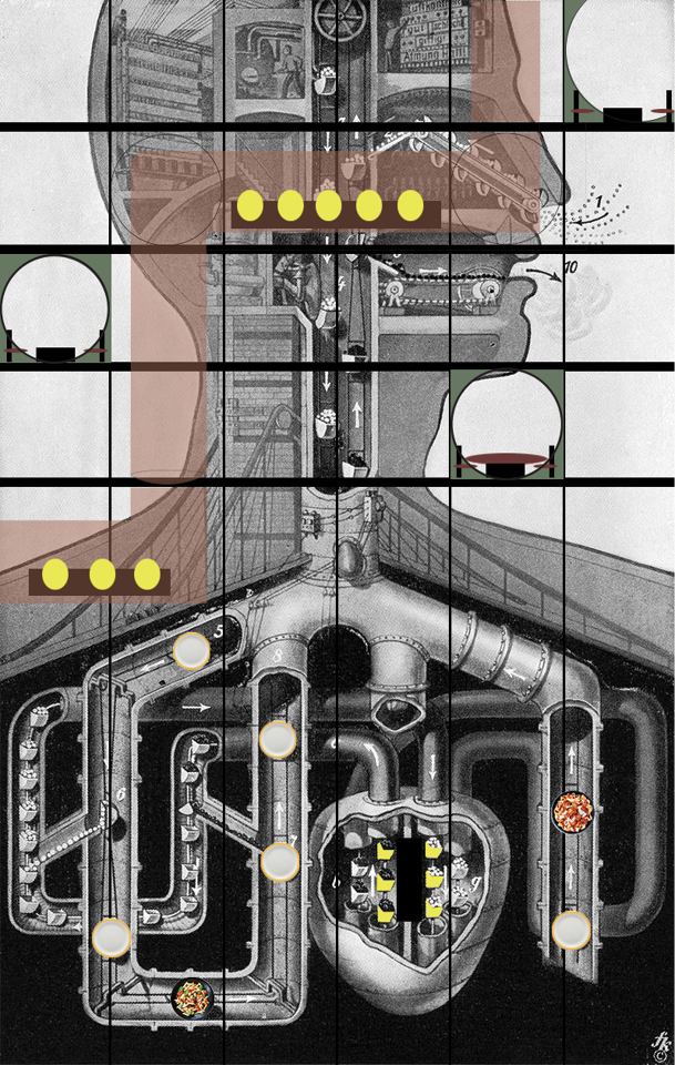 Biomachina plan collage: circulation pipes and dining pods arranged like an anatomical illustration