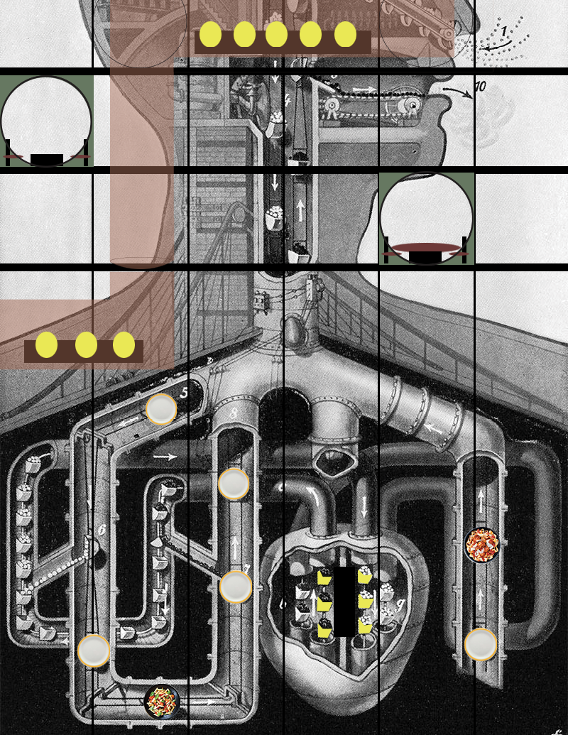 Biomachina concept collage after Fritz Kahn: pipes and machine parts form a body with the kitchen at its heart
