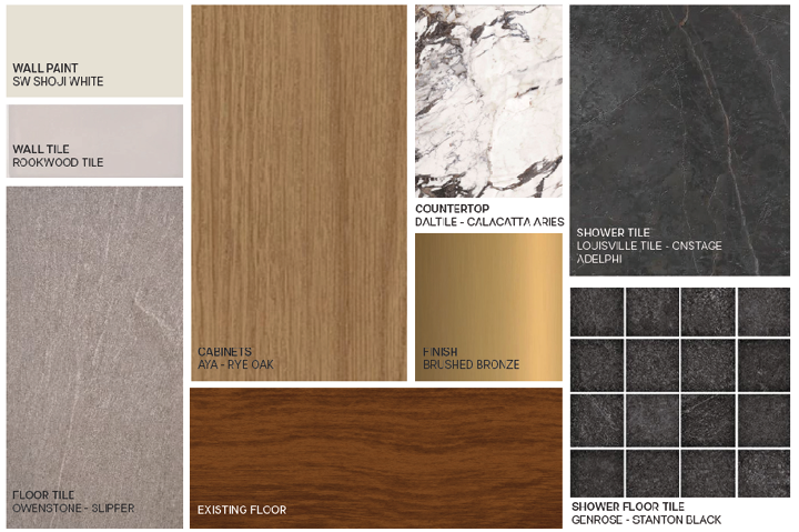 Finish selections: wall paint, Calacatta countertop, wood cabinetry, floor tile and dark shower tile, each labeled