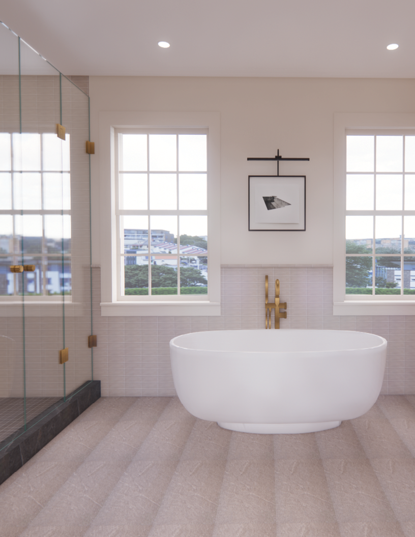 Rendering of the Dwyer primary bathroom: a freestanding tub beneath framed art between two windows, brass fixtures and a glass shower