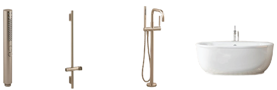 Brushed bronze plumbing: hand shower, slide bar, floor-mounted tub filler and freestanding tub