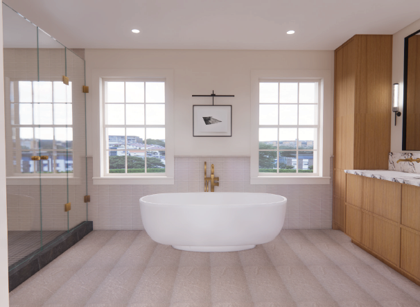 Rendering of the view on entry: tub between windows, wood vanity cabinetry and a full-height mirror