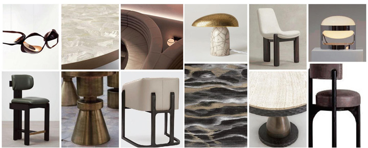 FF&E board of chairs, stools, lighting, tables and finishes for the specialty restaurant