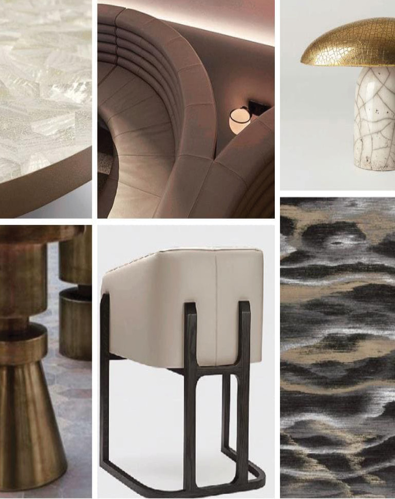 Material and furniture collage: carved stone, a curved upholstered booth, a brass lamp, bronze tables, a cream dining chair and a sea-wave pattern