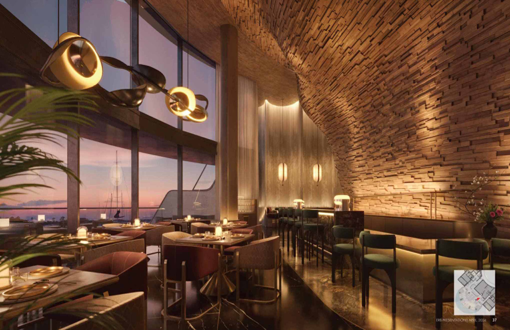 Rendering of the specialty restaurant at dusk: a curved wall of textured wood, glowing ring pendants and a view of the sea