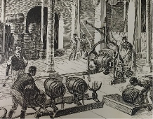 Historic engraving of brewery workers with barrels