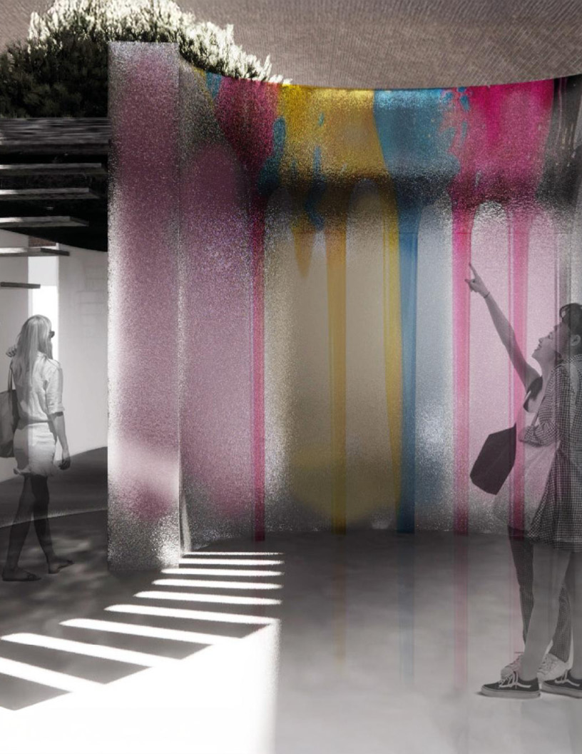 Rendering of the ink fall: a curtain of falling ink in cyan, magenta and yellow, with visitors reaching toward it