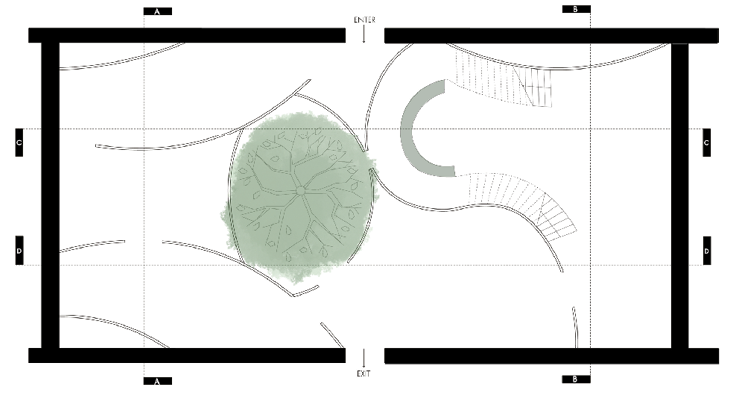 Exhibition floor plan with the tree sculpture and the ink fall set between curved walls