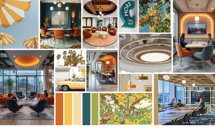 Concept image board: sunshade umbrellas, warm 1970s interiors, citrus tones and a strip of color swatches