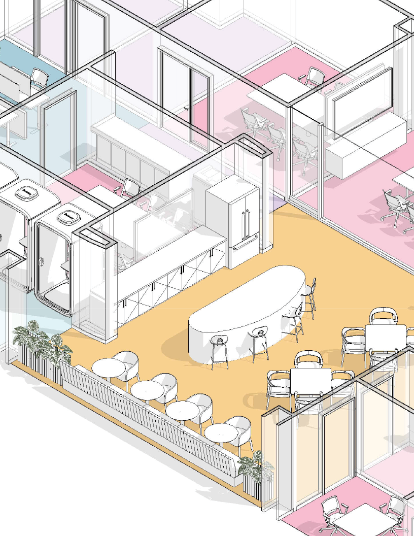 Axonometric view of the Orlando sales office: café seating, phone booths and meeting rooms in pink, blue and warm yellow zones