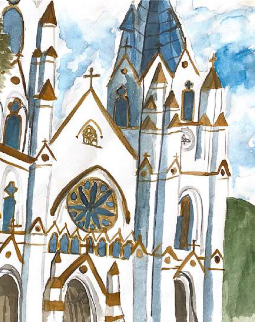 Watercolor of a Gothic church with blue spires