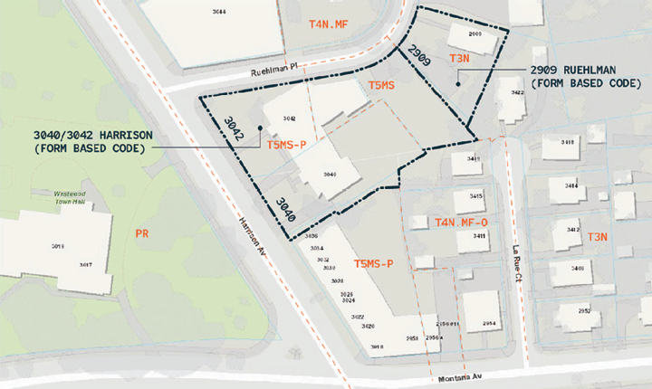 Zoning and site diagram of the L-shaped lot and the surrounding zoning districts