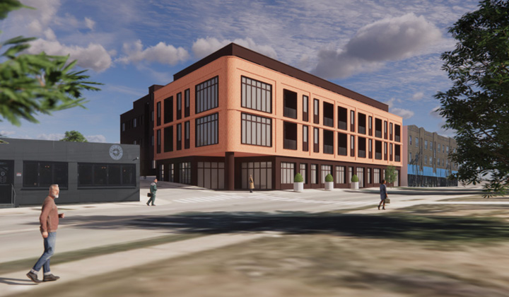 Street-level rendering of the northwest corner with storefront glazing and pedestrians