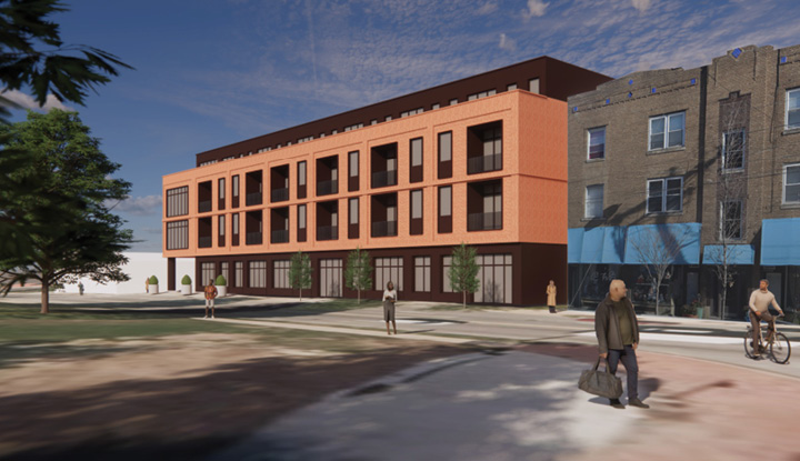 Street-level rendering of the southwest corner with a cyclist and pedestrians